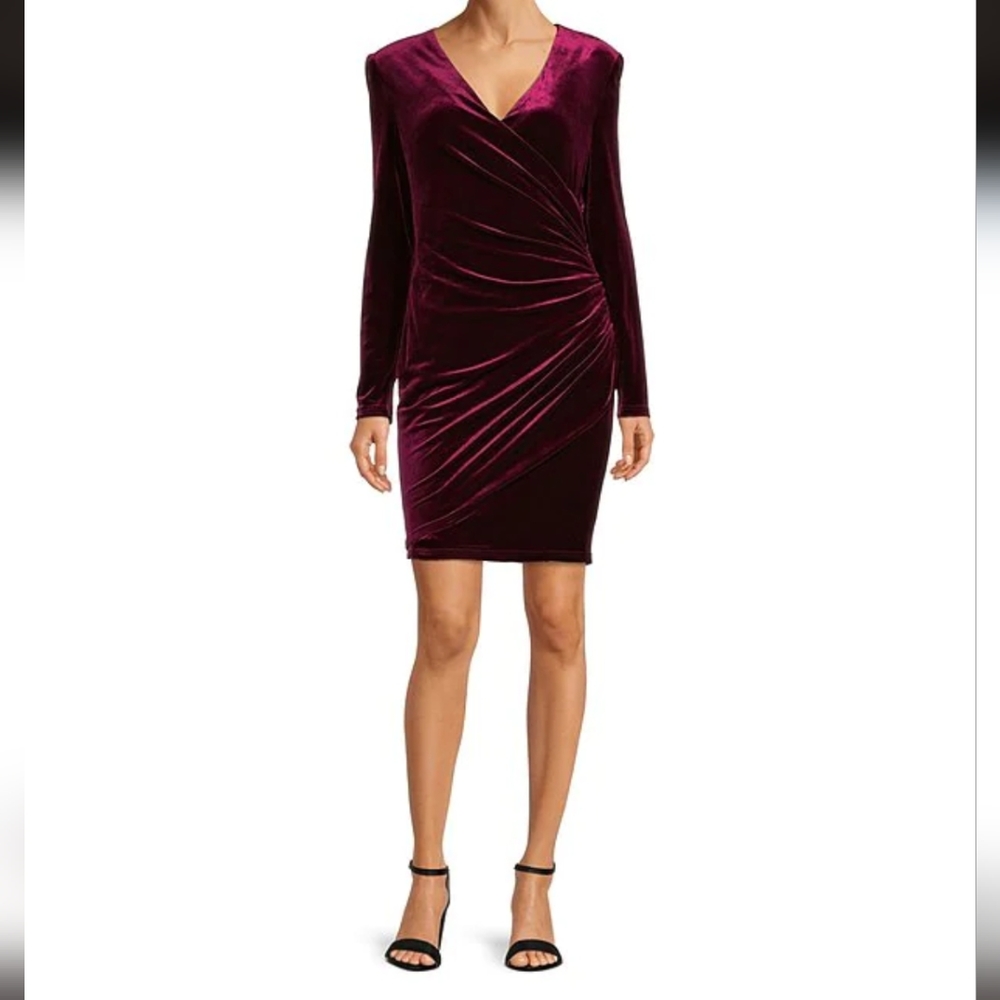 Nikki Stretch Velvet Surplice V-Neck Long Sleeve Ruched Dress